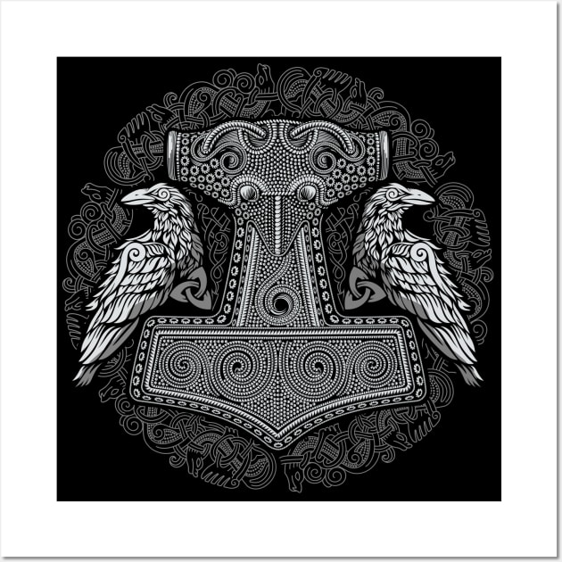 Viking Thors Raven Hammer Norse Mjolnir Pagan Knotwork Ravens Wall Art by Blue Pagan